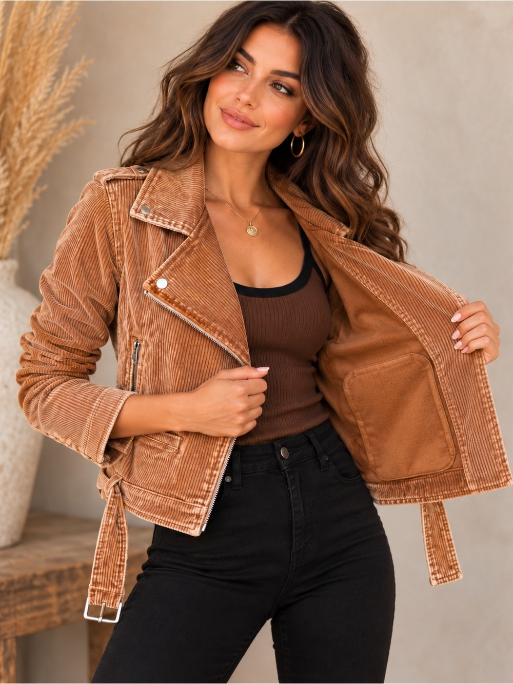 Vici Amaya Women’s S Tan Corduroy Moto Jacket Cropped Belted Biker